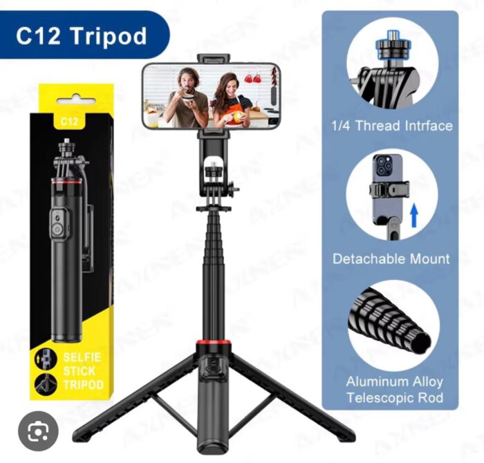 C12 Foldable Aluminum Alloy Selfie Stick Tripod with Remote (1310mm) - Image 2