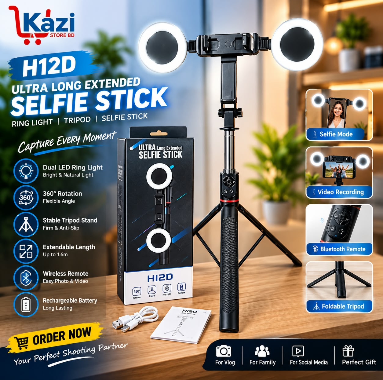 WhatsApp Image 2026-09-21 at 3.17.03 AM H12D Ultra Long Extendable Selfie Stick with Dual LED Lights (5.9ft ) - Image 1